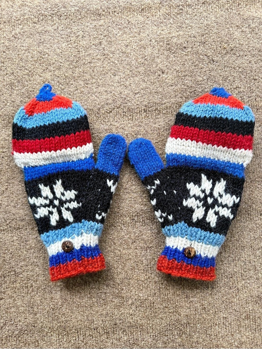 Snowflake Fingerless Mittens in Black & Blue Like New